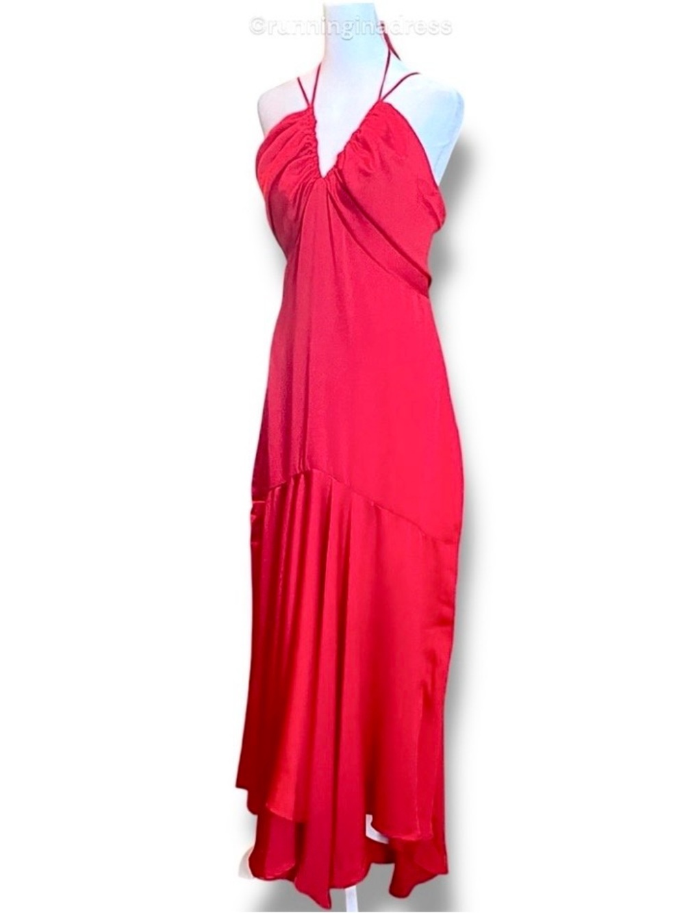 Free People X DELFI Dia Red Satin Halter Drop Waist Retro Midi Dress Size L NWOT - Picture 4 of 13